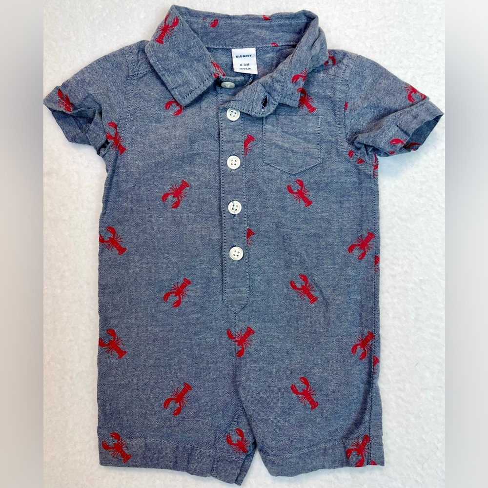 Old Navy Baby Boy Romper Size 0-3 M Faux Denim Lobster Print Summer Outfit